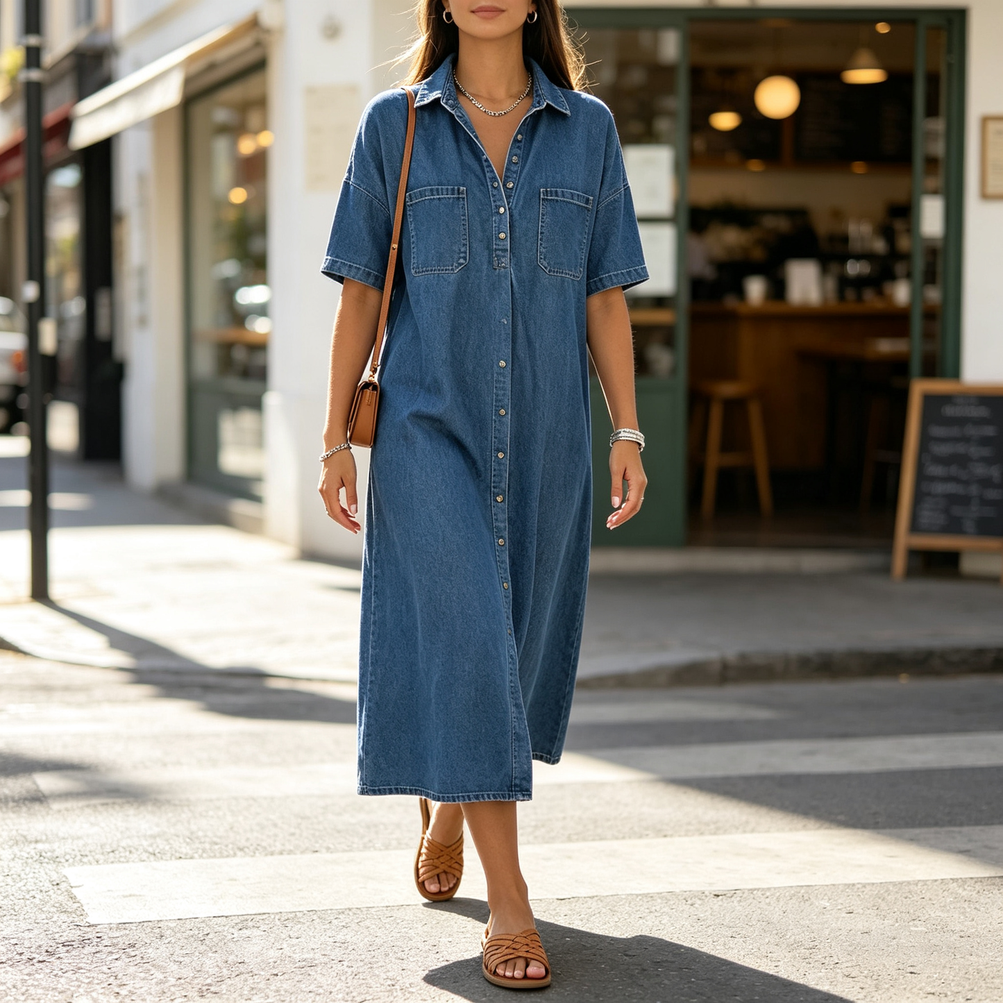 Loose Fit Collared Denim Midi Dress | Casual Pocket Shirt Dress